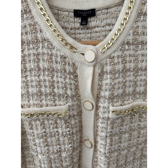 Talbots Short Sleeve Chain Trim Jacquard Cardigan Gold Ivory Size Small Petite - Picture 6 of 8